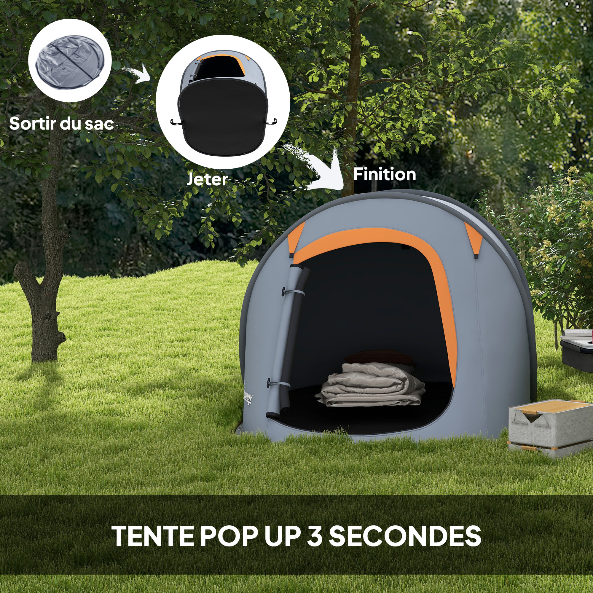 Tente de camping automatique pop-up 2-3 pers. étanchéité 2000 mm sac gris