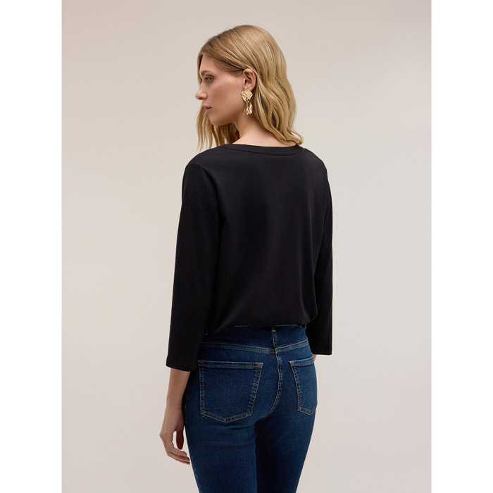 Motivi - T-shirt bimaterica a maniche tre quarti - Nero