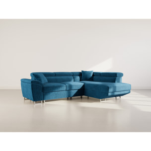 Baoji - Canapé d'angle droit 5 places convertible avec têtières et coffre en velours côtelé - Bleu