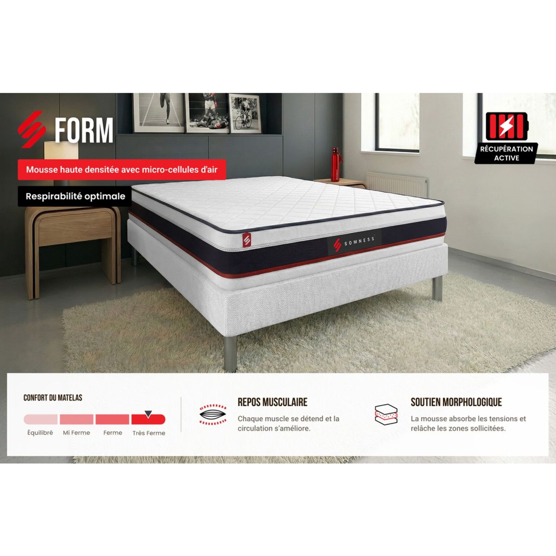 Ensemble - Matelas Mousse haute densitée avec micro-cellules d'air 19cm d'épaisseur - 1 zone de confort - Confort très ferme - Sommier tapissier monobloc - 1 place