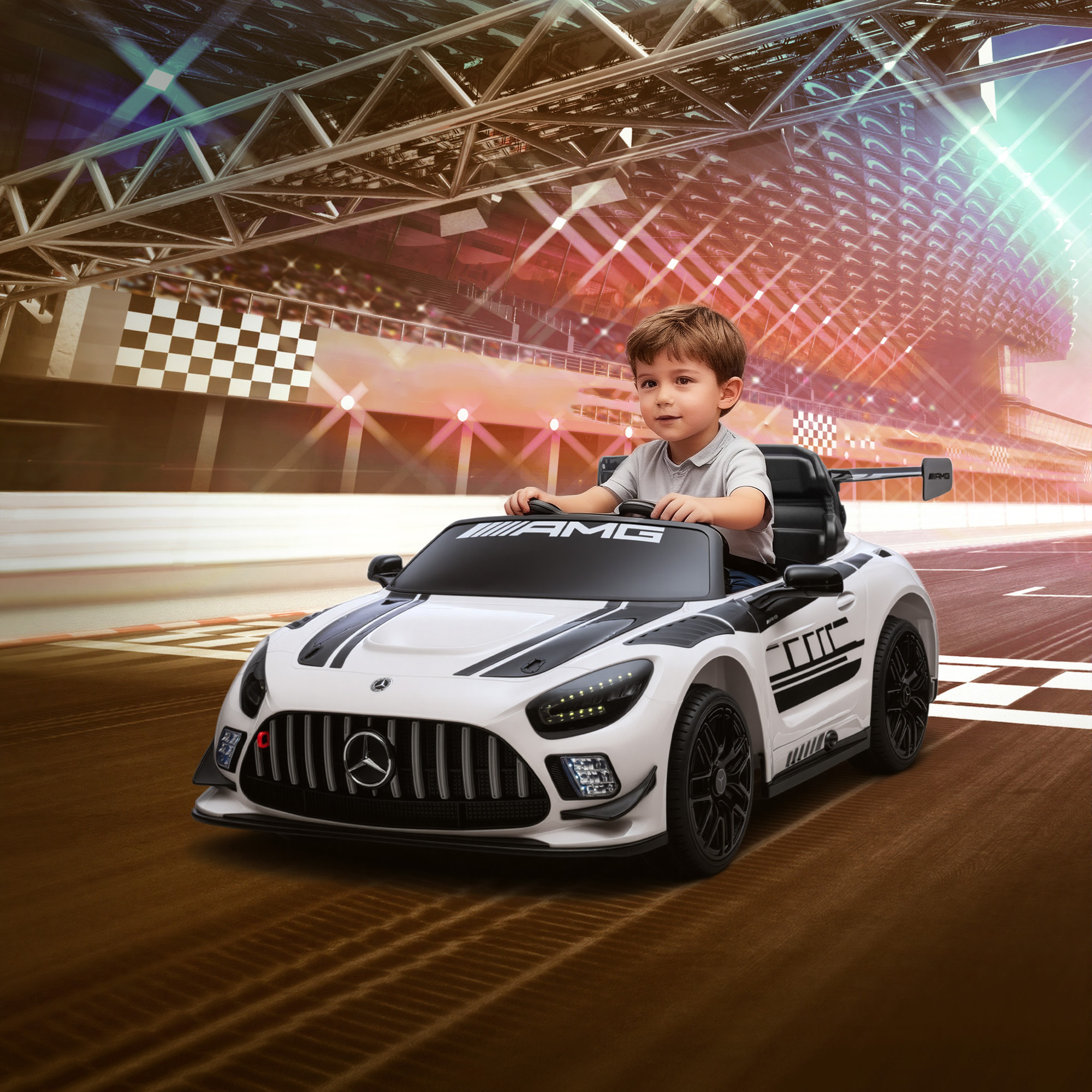 Coche Eléctrico para Niños, Mercedes-AMG GT3 Evo, Coche de Batería 12V, con Mando a Distancia 2,4 G, Motor Doble, Ruedas Auxiliares, Asa de Arrastre, Música Inalámbrica, Faros, Blanco