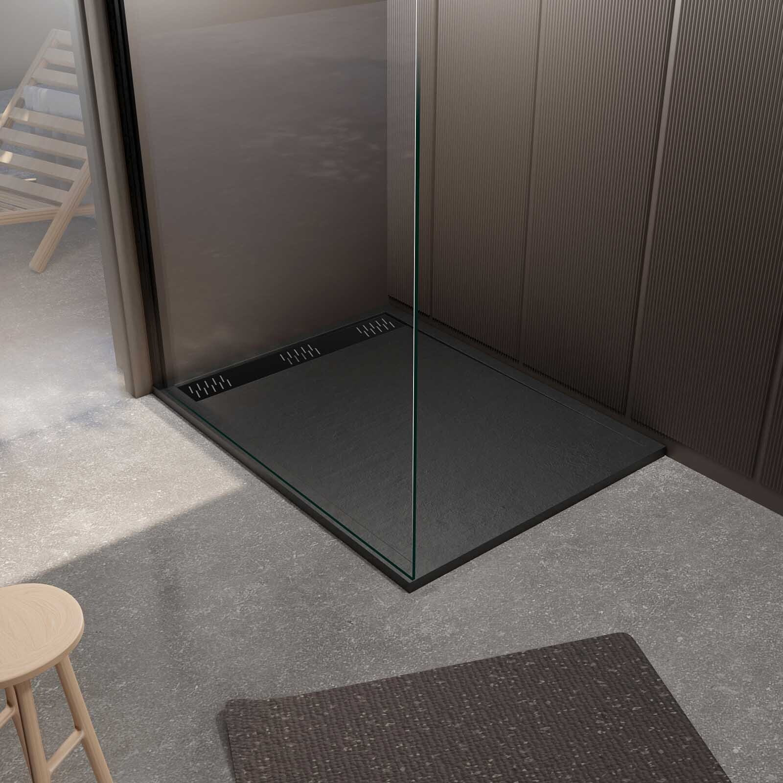 Receveur de douche en résine noir 80x120x3 cm effet pierre granit + grille linéaire noire