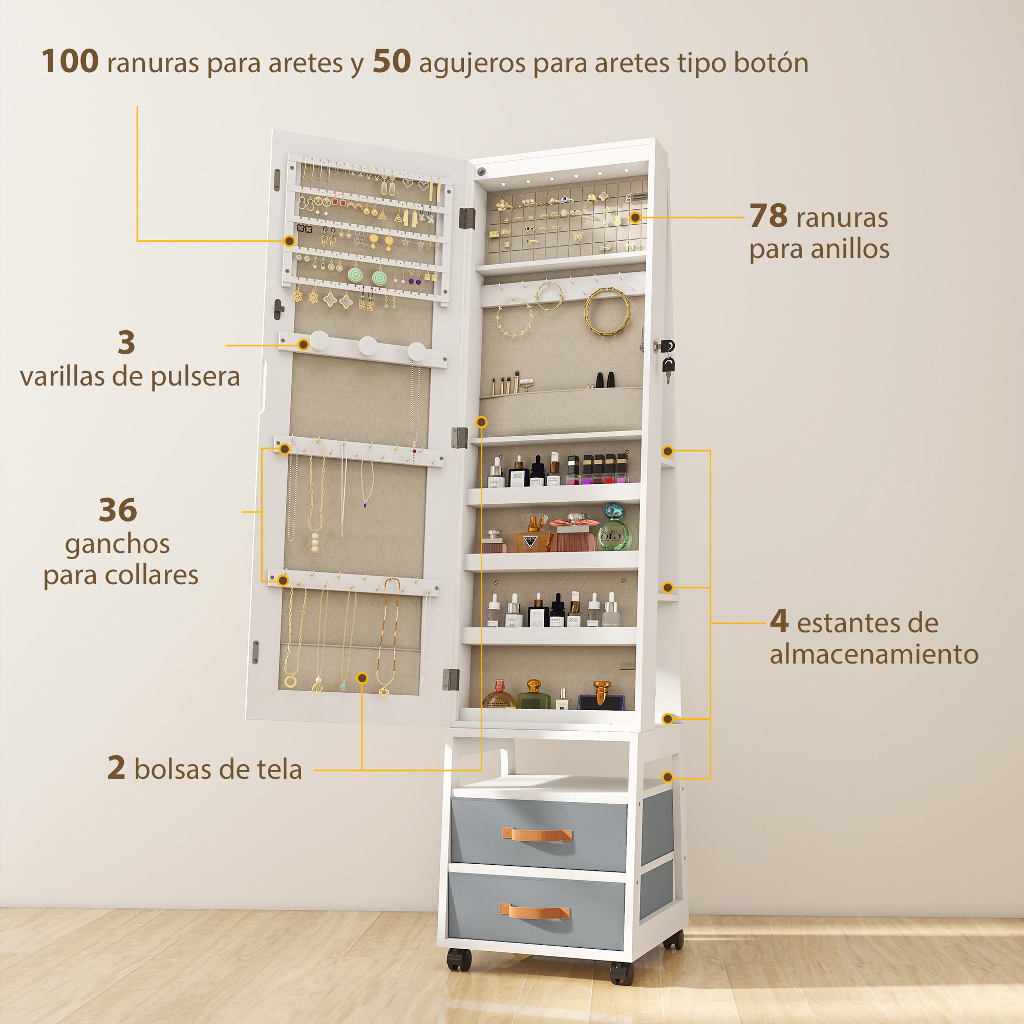 Espejo Joyero con Luces LED Interior, Armario para Joyas con Ruedas, Armario Joyero con Espejo Entero, Giratorio de 360°, Estantes Abiertos, Cajones de Tela, Blanco