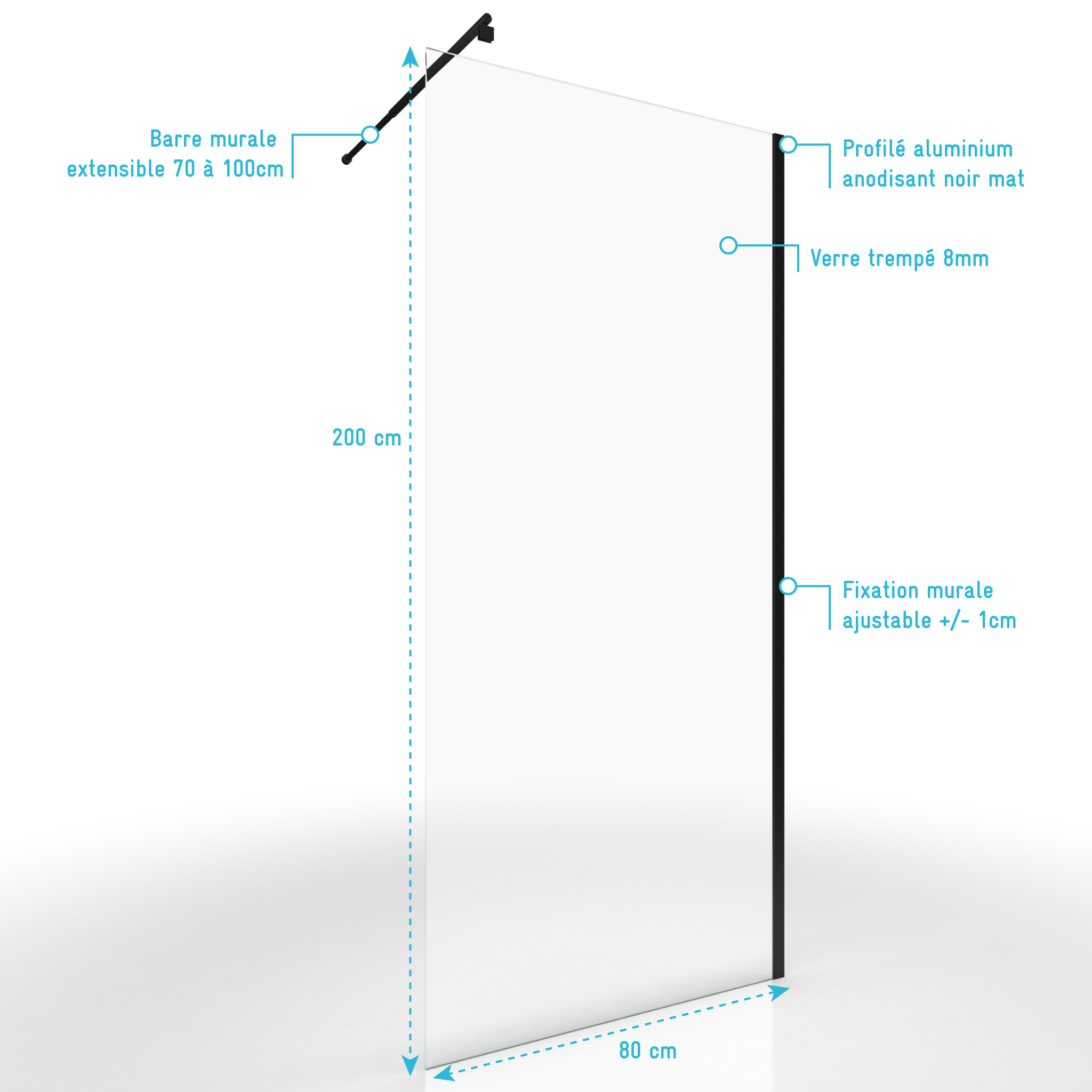 Paroi de Douche 80x200cm Verre Transparent - Barre de Fixation Extensible et Profil Noir