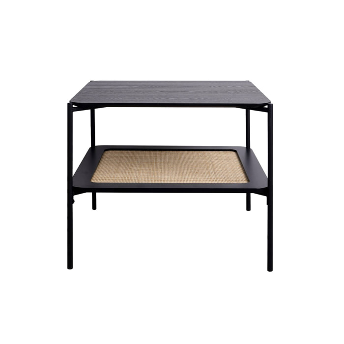 Table basse carrée coloris noir vintage double plateaux effet bois et cannage. piètement et structure en métal noir
