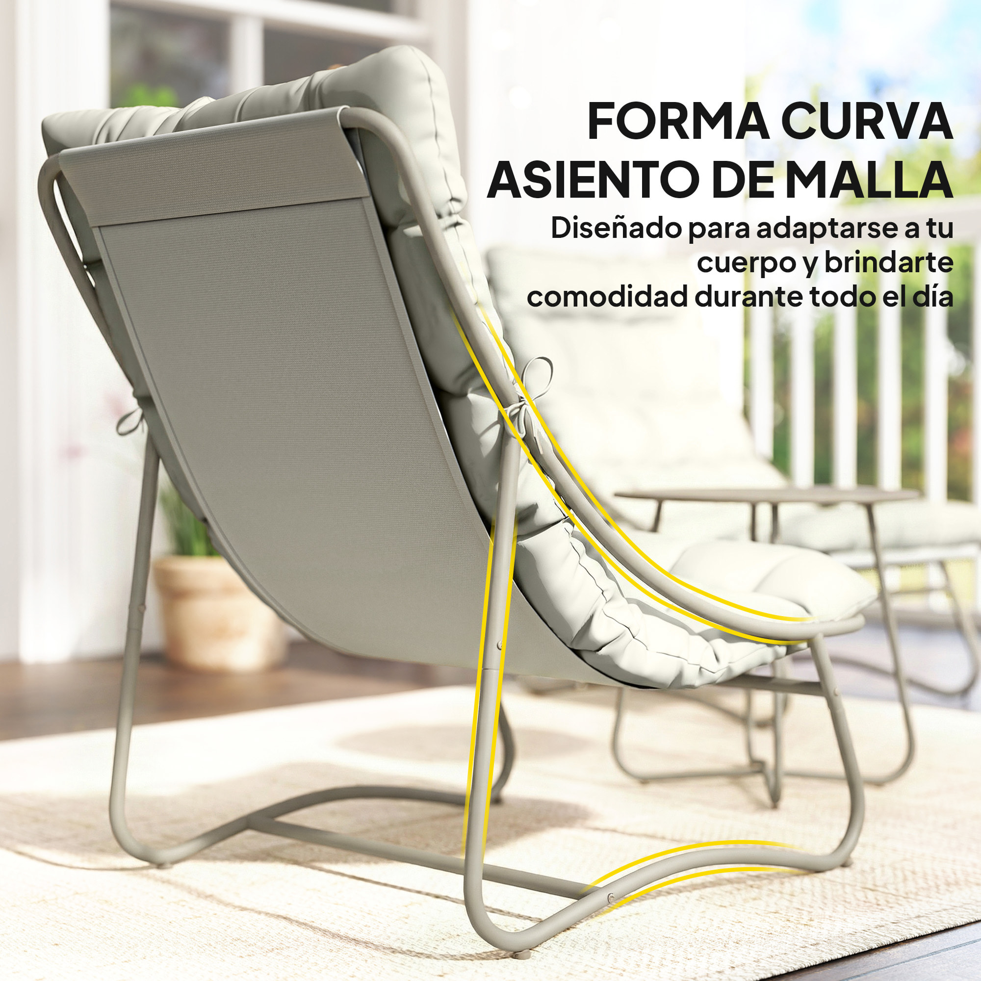 Conjunto de Mesa y Sillas de Terraza Exterior de 3 Piezas, Muebles de Jardín Exterior con Cojines, 2 Sillas Lounge Transpirable, Mesa de Café y Marco de Acero, para Patio, Balcón, Gris Claro