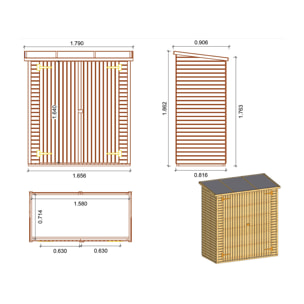 Abri jardin bois adossable "Lipki " - 1.79 x 0.9 x 1.78/1.87 m  - 1.61 m² - 12 mm - Avec plancher