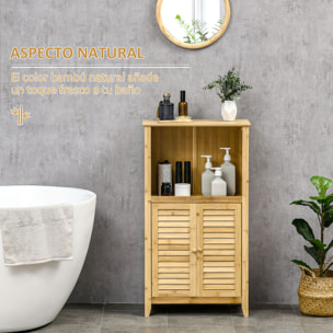 Armario Auxiliar de Baño de Bambú Armario de Suelo de Baño con 2 Puertas Compartimiento Abierto y Estante Ajustable 50x25,5x92 cm Natural