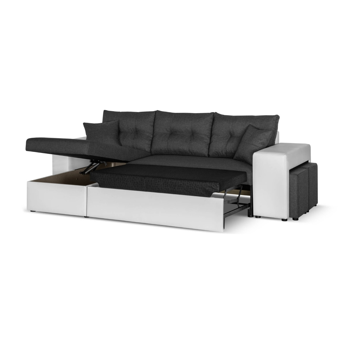 California - Canapé d'angle réversible - convertible avec coffre et étagère de rangement - en simili et tissu - Blanc / Gris