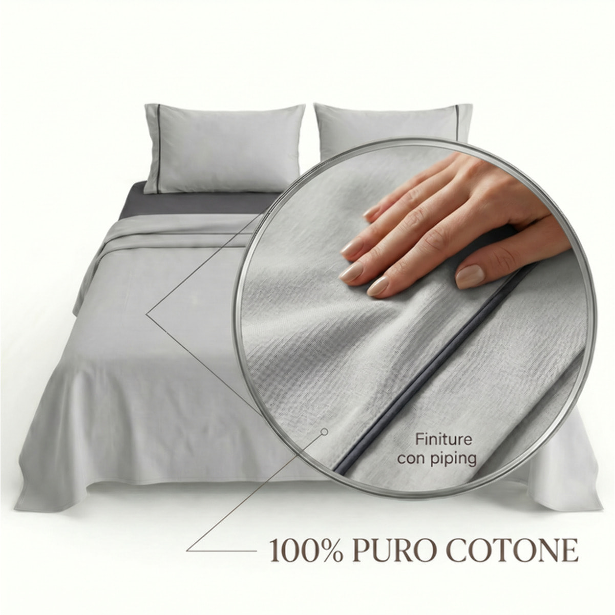 Completo Lenzuola in 100% Cotone con Piping Elegante, Set Letto Morbido e Traspirante con Lenzuolo Sopra, Sotto con Angoli Elasticizzati e Federa Coordinata