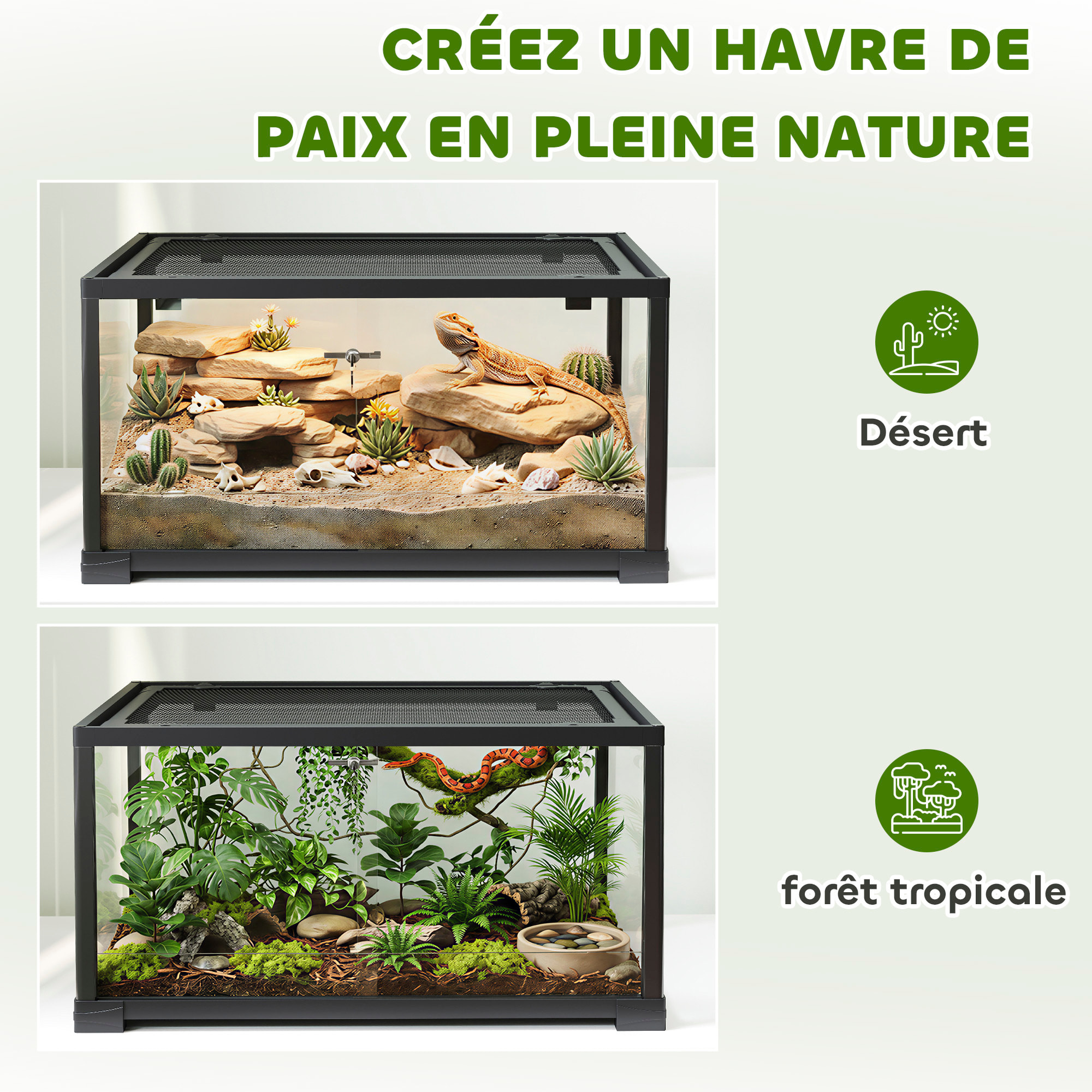 Terrarium 86L - toit maillé et porte coulissante verrouillable - 50x30x35cm - alu noir verre