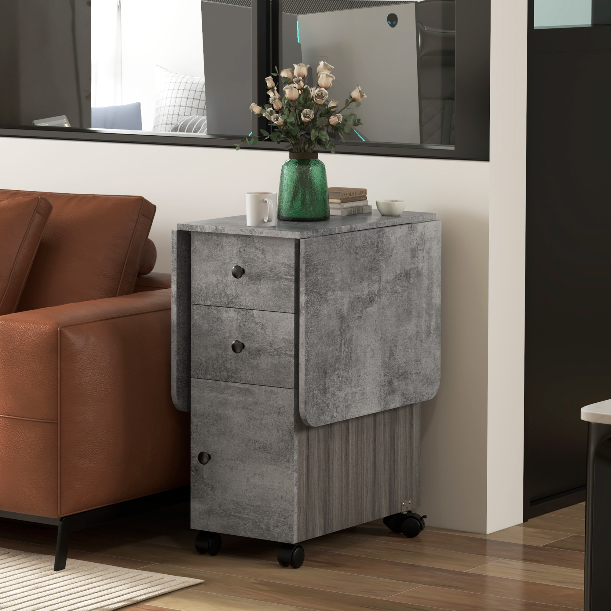 Mesa Plegable de Comedor, Mesa de Cocina Plegable, con Ruedas, Alas Abatibles, 2 Cajones, Estante y Armario, Hasta 6 Personas, para Salón, Espacio Pequeño, 120x60x76,5 cm, Gris