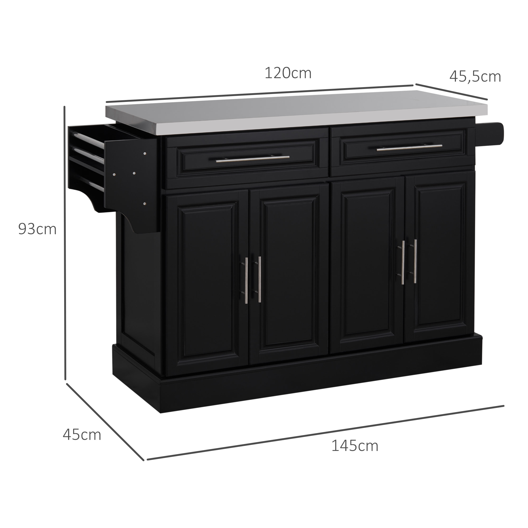 Isla de Cocina con Ruedas Carro de Cocina con Tablero de Acero Inoxidable 2 Cajones 4 Puertas 2 Estantes Ajustables Especiero y Toallero 145x45x93 cm Negro