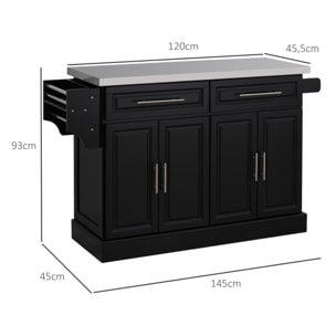 Isla de Cocina con Ruedas Carro de Cocina con Tablero de Acero Inoxidable 2 Cajones 4 Puertas 2 Estantes Ajustables Especiero y Toallero 145x45x93 cm Negro