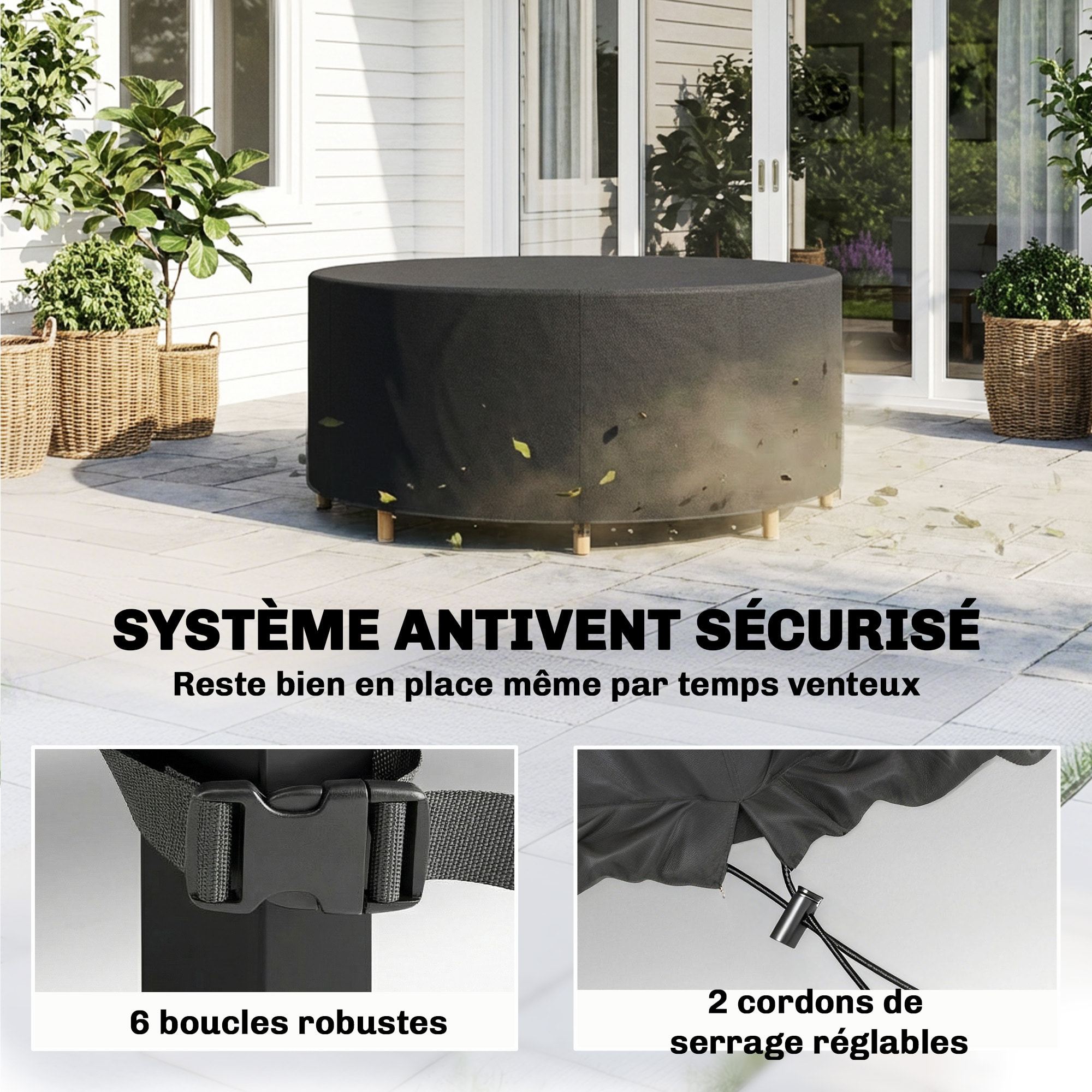 Housse meuble de jardin imperméable Oxford haute densité 420D dia.200 x H.80 cm noir