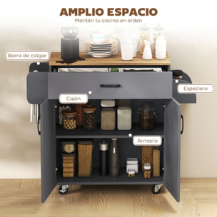 Isla de Cocina con Ruedas, Carrito de Cocina con Cajón, 2 Puertas, Toallero y Especiero, Estante Ajustable, para Comedor, 105x36x85 cm, Gris