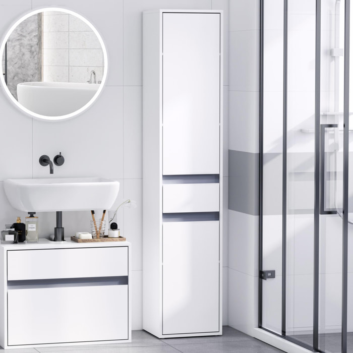 Meuble colonne rangement salle de bain style contemporain 2 placards 3 étagères et tiroir coulissant panneaux particules blanc