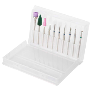 Kit di frese per unghie, per smerigliatrici elettriche. Include 10 tipi.