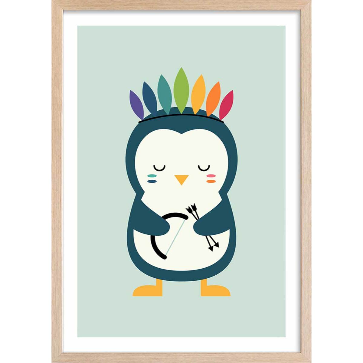 Affiche enfant pingouin Affiche + cadre en bois - Chêne