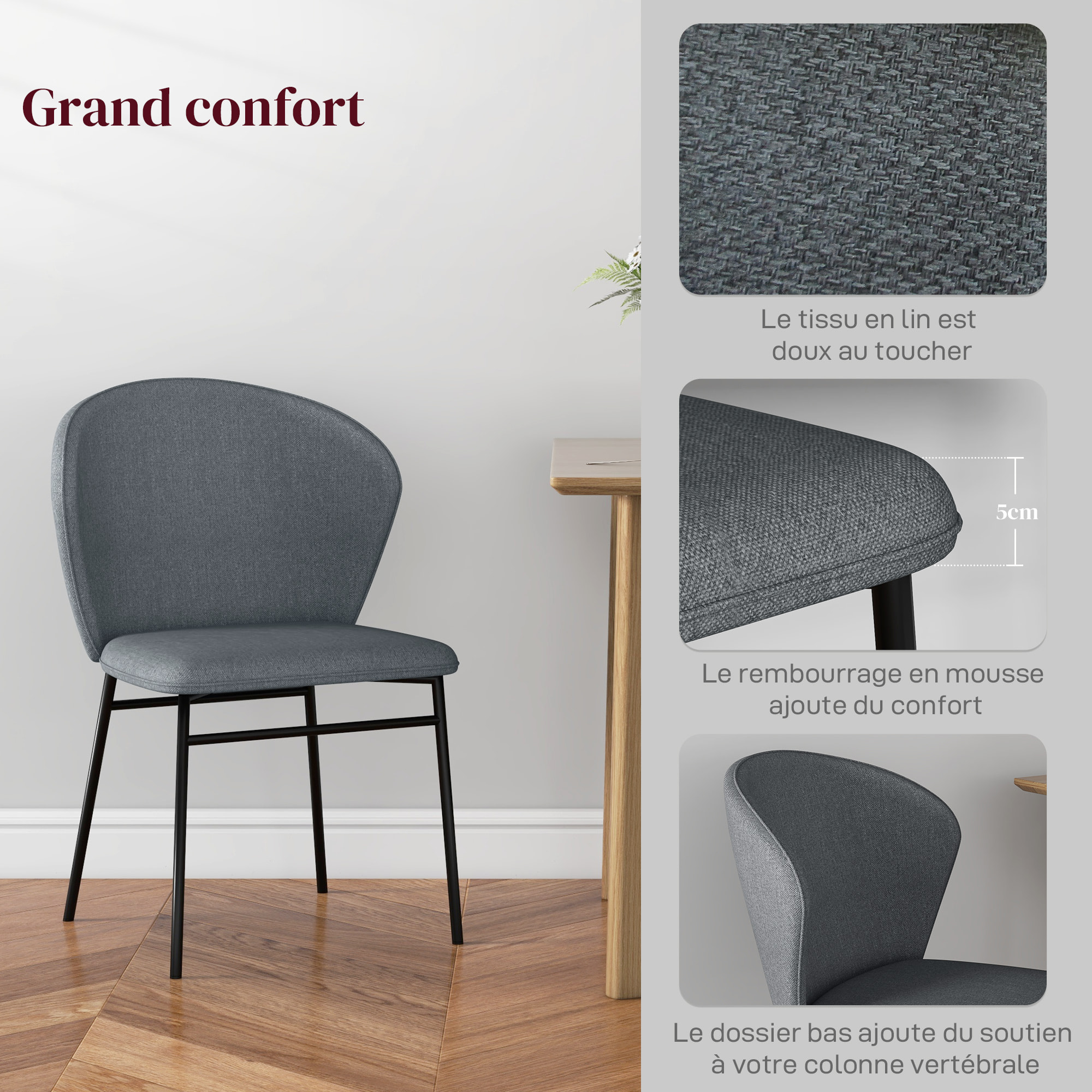 Lot de 2 chaises grand confort dossier enveloppant piètement acier noir revêtement tissu aspect lin gris