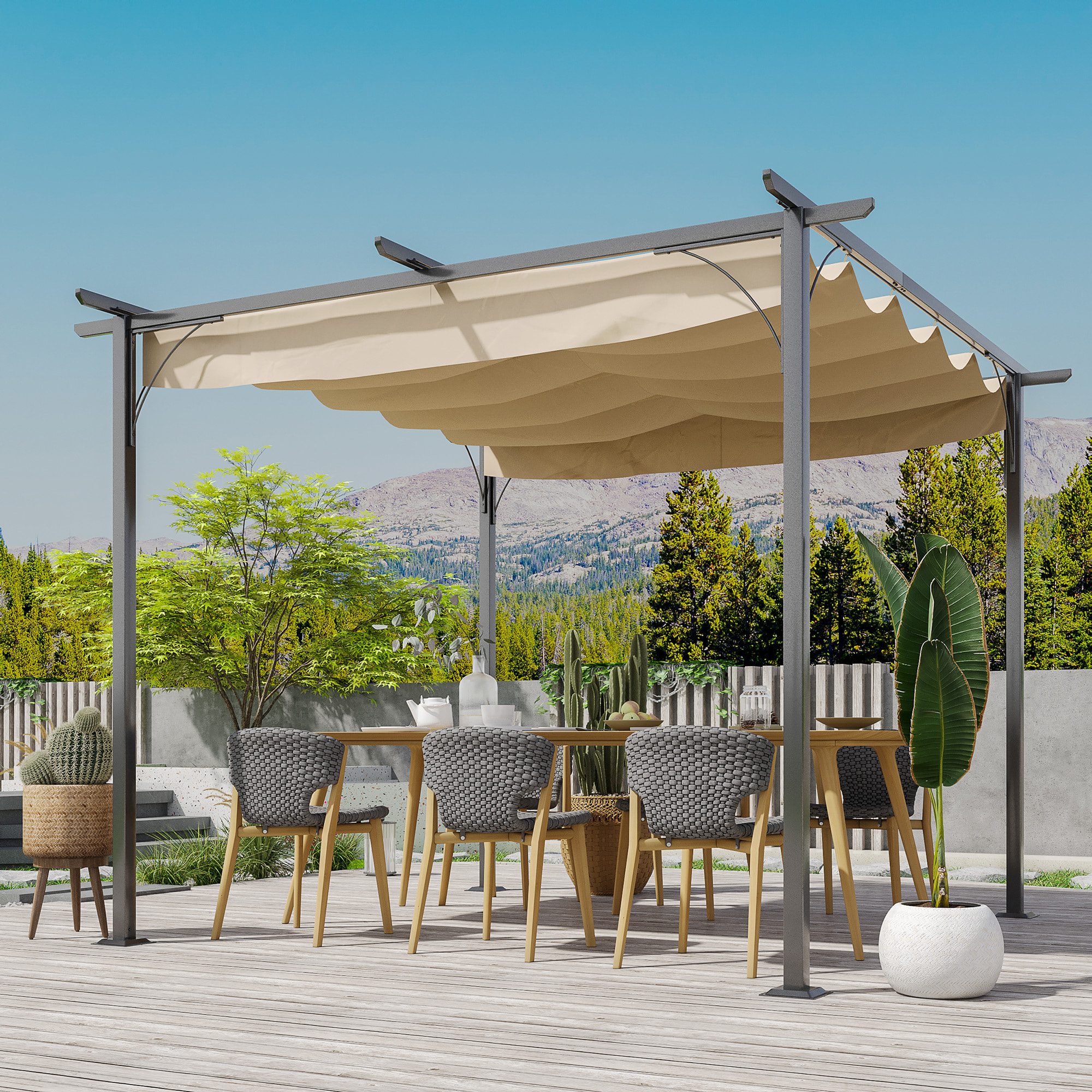 Pérgola de Metal 3x3m Gazebo Cenador para Jardín Patio con Techo Retráctil