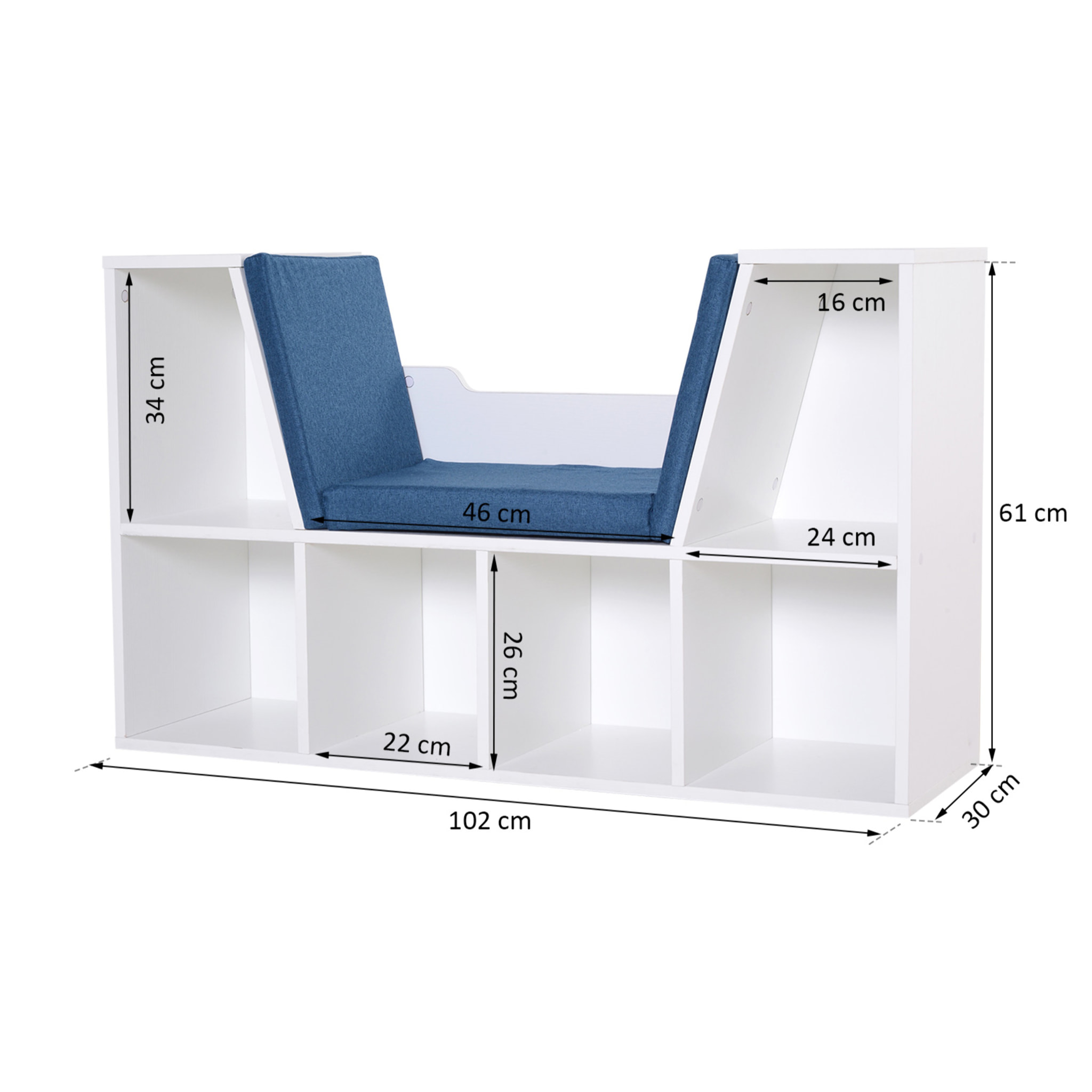 Bibliothèque banc 2 en 1 design contemporain 6 casiers 3 coussins fournis 102L x 30l x 61H cm blanc bleu