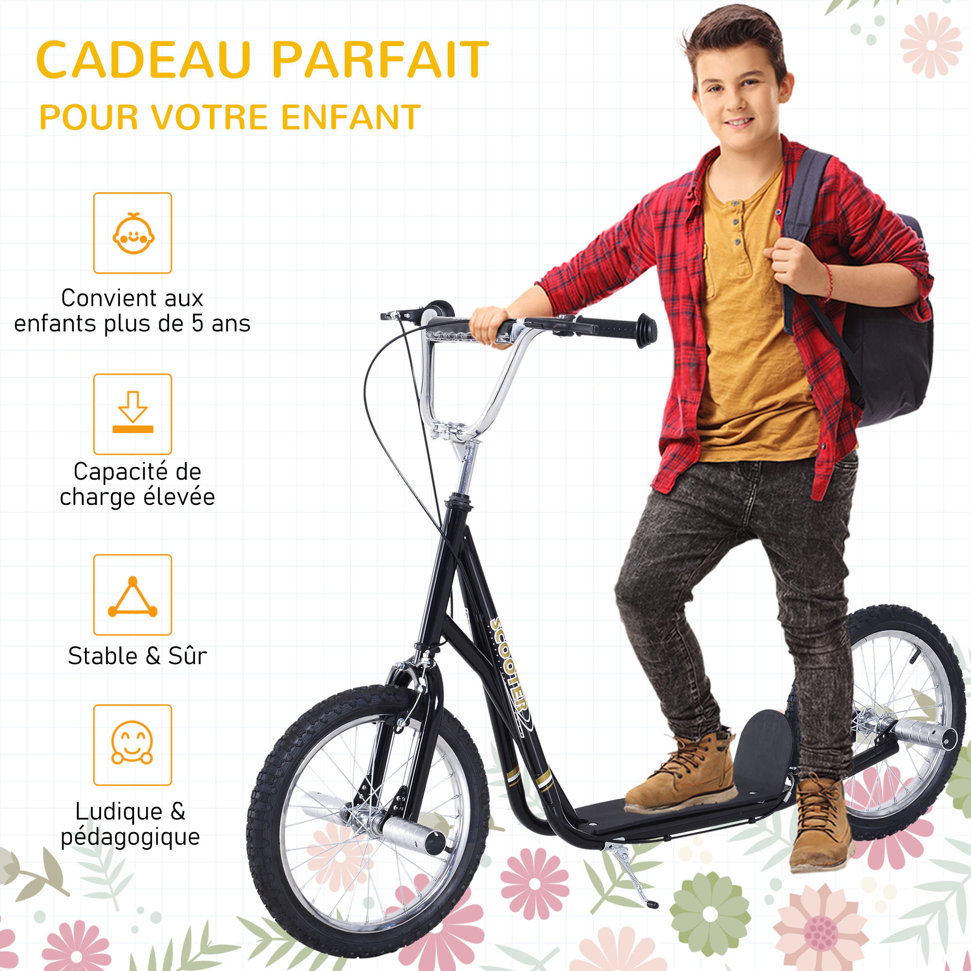 Trottinette patinette freestyle grandes roues pneumatiques Ø 41 cm hauteur guidon réglable béquille pegs inclus acier noir