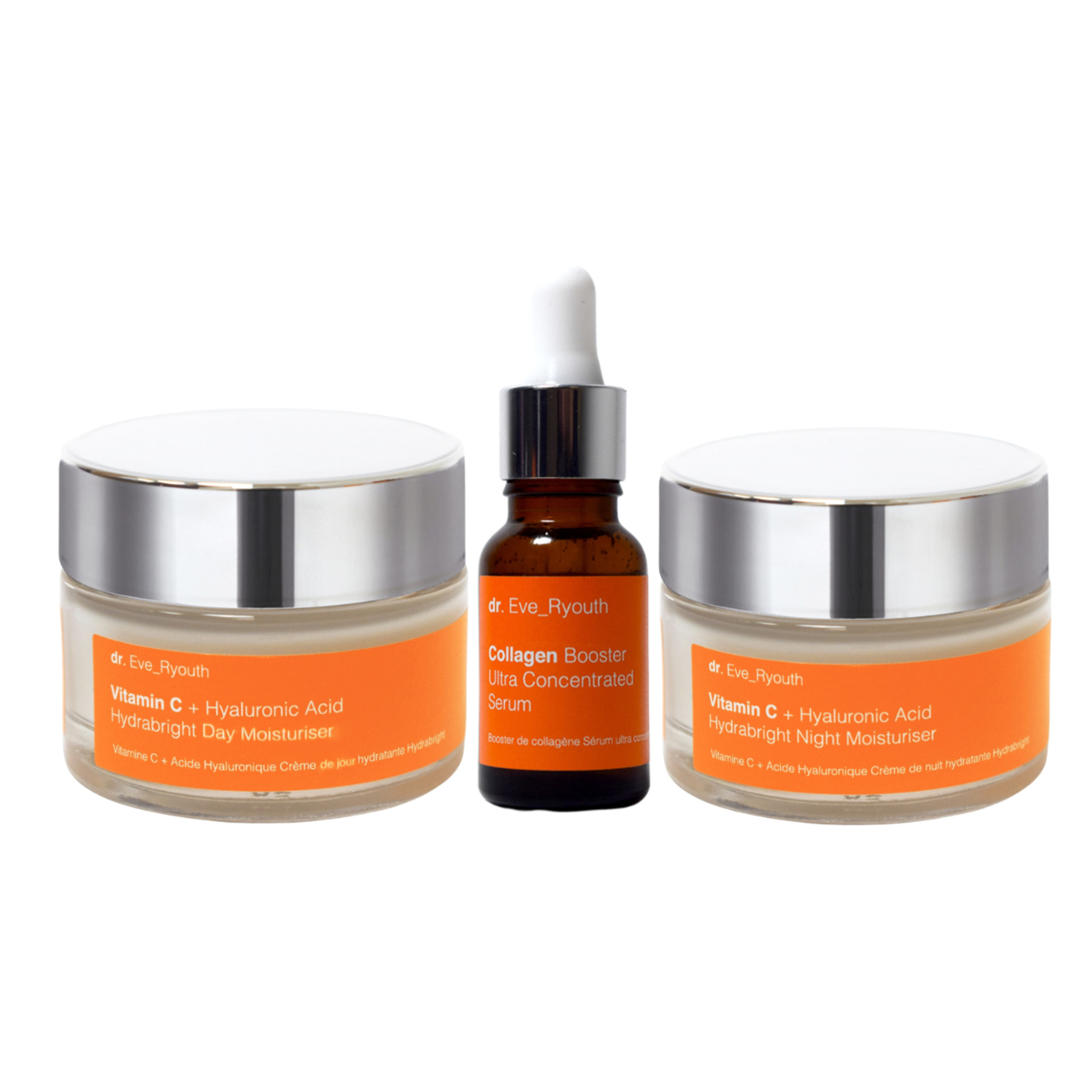 Vitamina C + Ácido Hialurónico Hidratante De Día Hydrabright 50ml
Vitamina C + Ácido Hialurónico Hidratante de Noche Hydrabright 50ml+ Suero Ultra Concentrado Potenciador de Colágeno 15ml