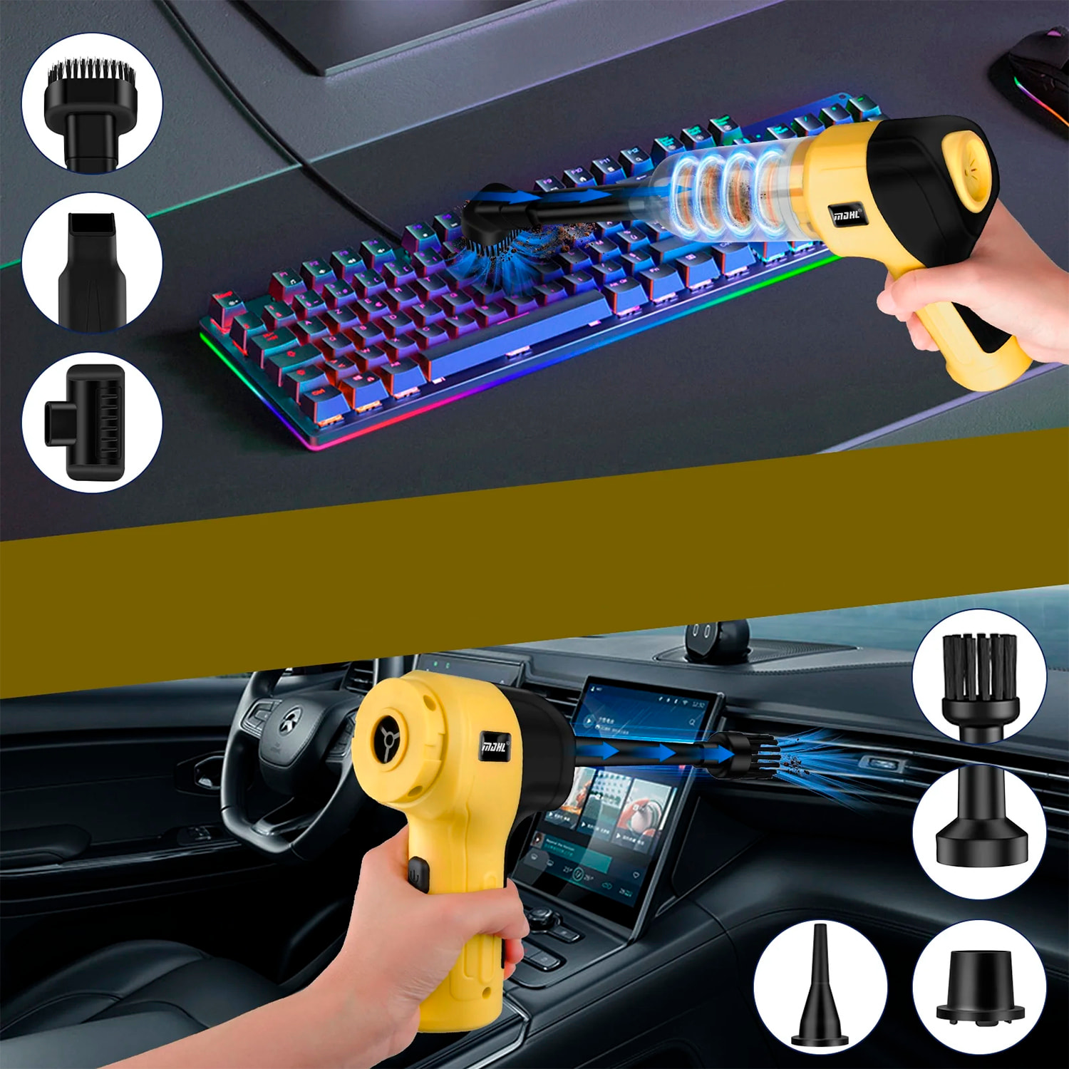 Aspirapolvere e soffiatore a mano 5 in 1. Con una potenza massima di 120W.