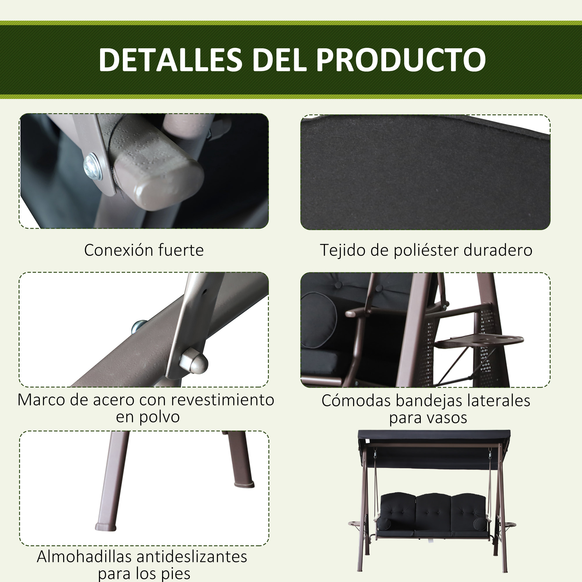 Columpio de Jardín Exterior de 3 Plazas Balancín de Jardín Exterior con Toldo Ajustable Bandejas Laterales 2 Almohadas y Marco de Metal Carga 360 kg 208x121x172 cm Negro