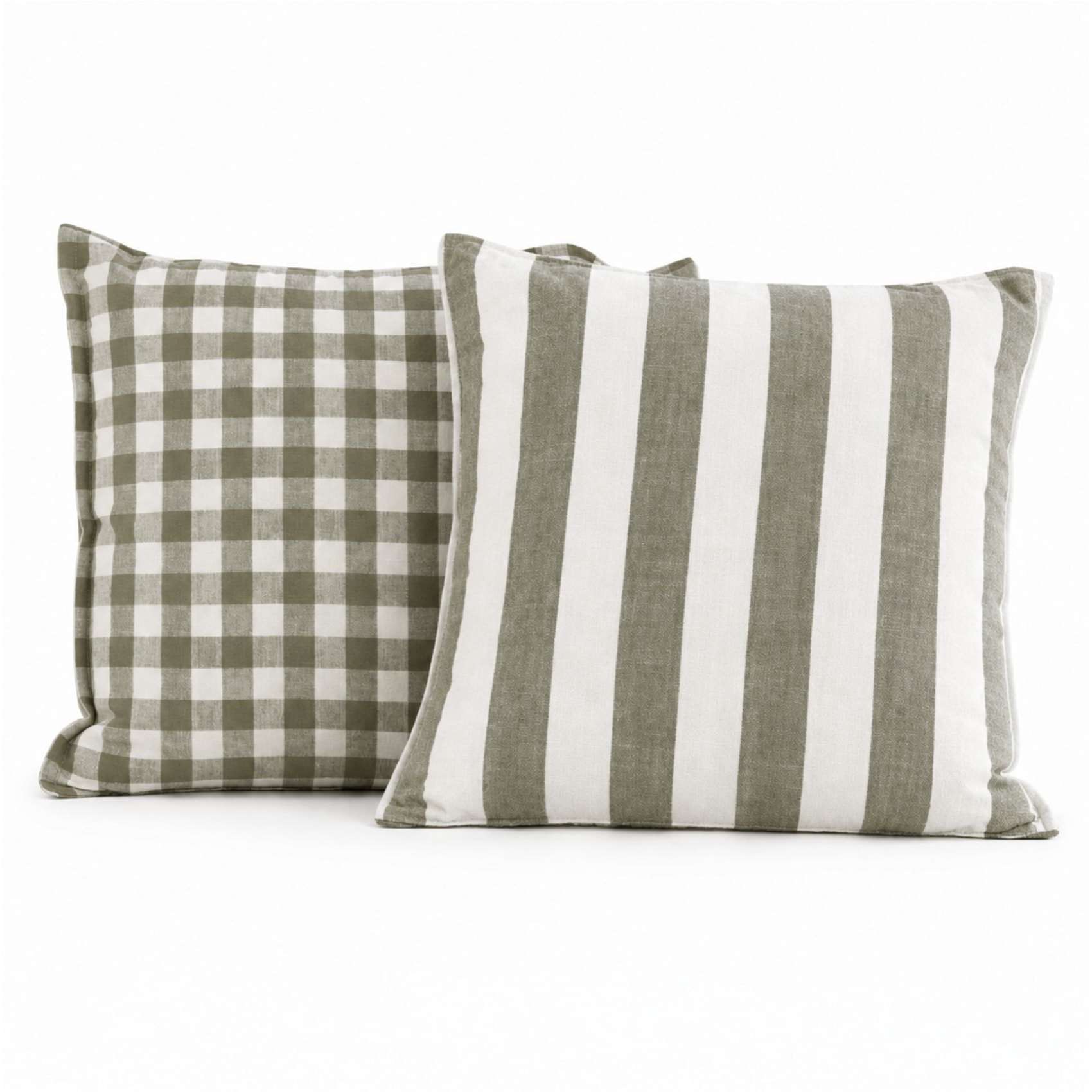 Housse de coussin recto-verso 100% coton rayures et vichy LOURMARIN - Kaki