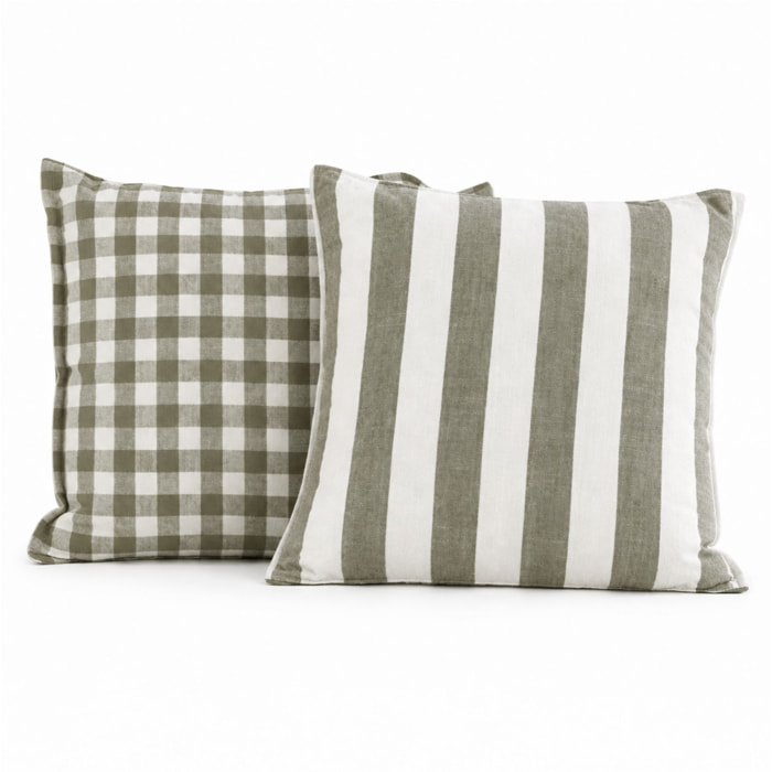Housse de coussin recto-verso 100% coton rayures et vichy LOURMARIN - Kaki