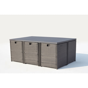 Table et chaise 10 places encastrables alu résine gris/blanc ABASA