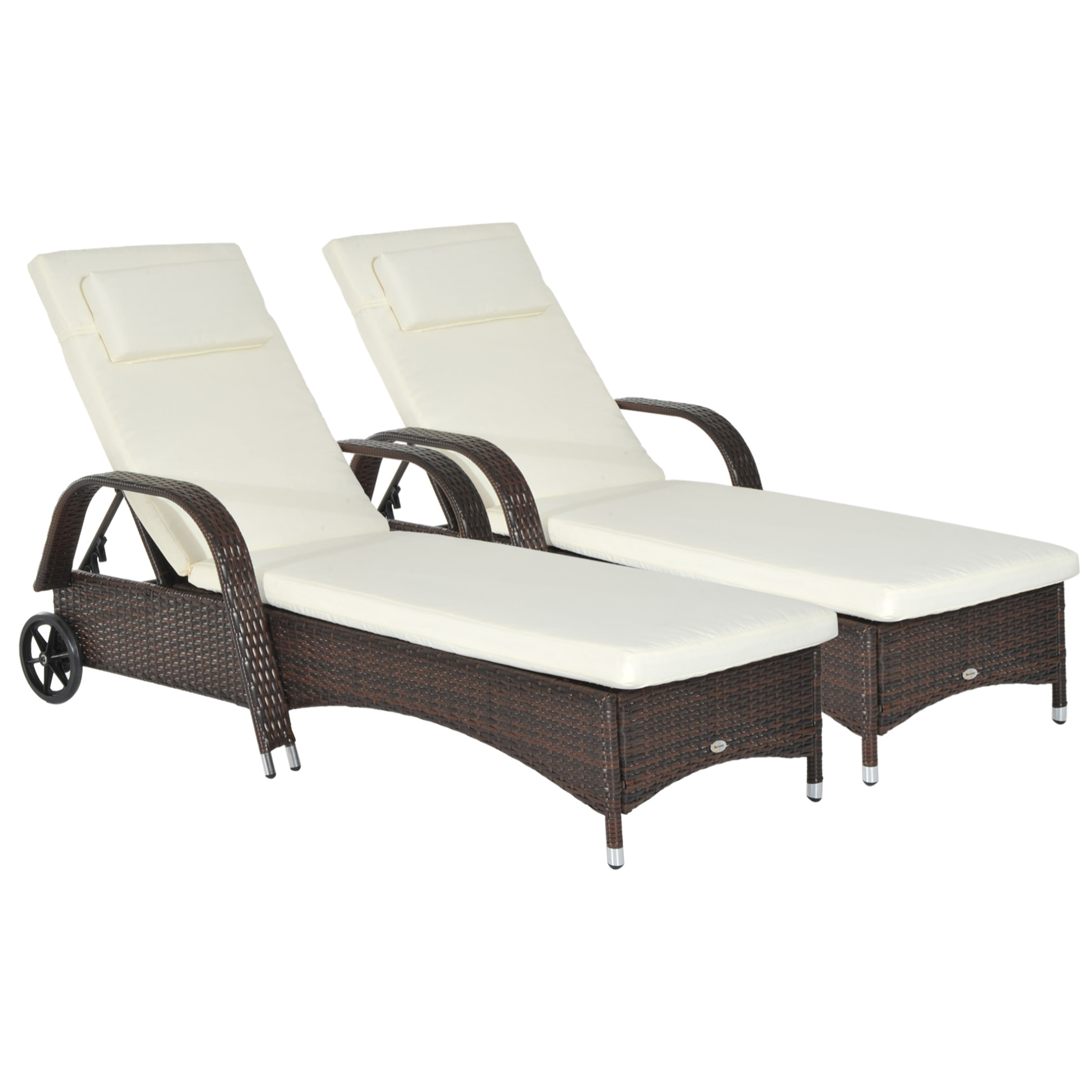 Conjunto de 2 Tumbonas de Ratán de Jardín Chaise Longue con Respaldo Ajustable en 5 Posiciones Cojines Acolchados Reposacabezas y 2 Ruedas 200x73x56-103 cm Crema y Marrón