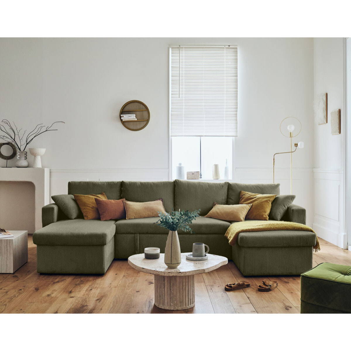 Cyrus - canapé panoramique en U - 7 places - convertible avec coffre - en velours côtelé - Vert