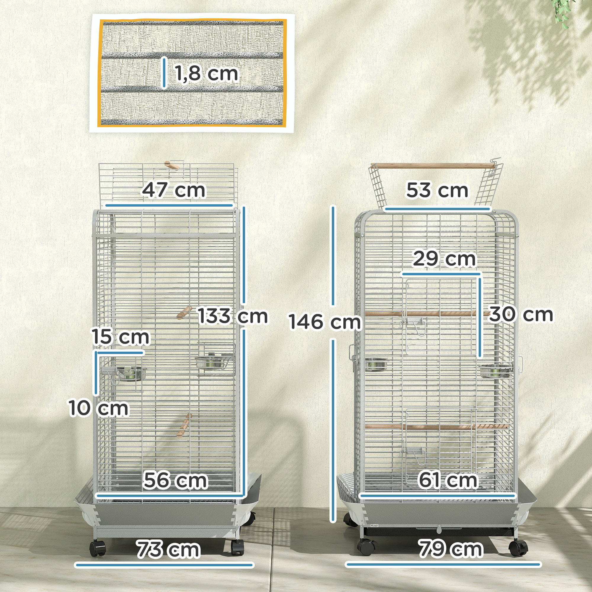 Jaula para Pájaros Jaula para Loros con Ruedas Perchas Comederos y Bandeja Extraíble Pajarera para Cacatúas Cotorras 79x73x146 cm Gris Claro
