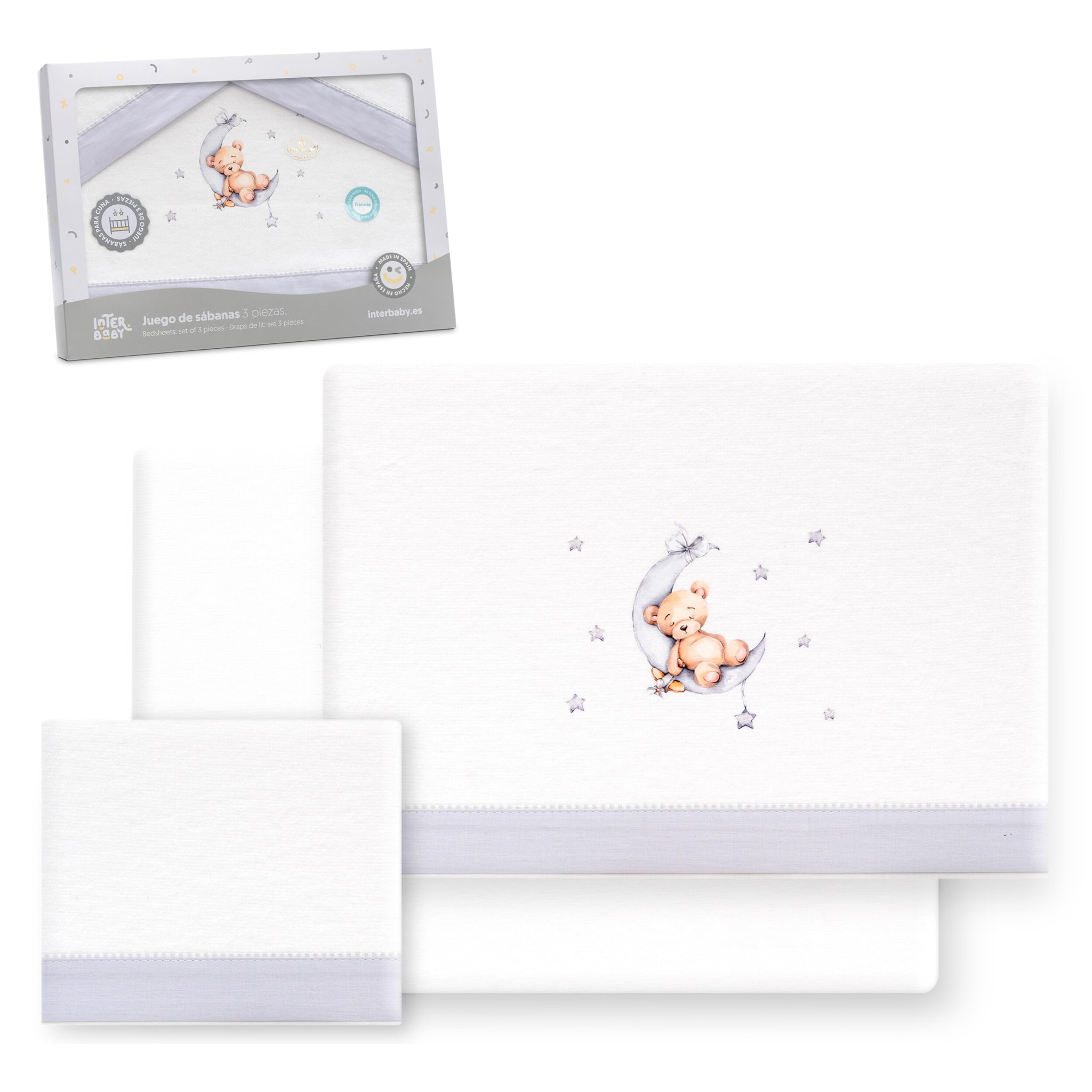 Triptico Cuna Franela Estampado Oso Luna Estrellas Bco/Gris