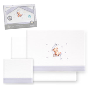 Triptico Cuna Franela Estampado Oso Luna Estrellas Bco/Gris