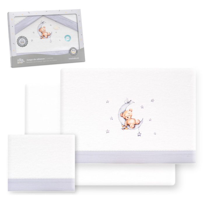 Triptico Cuna Franela Estampado Oso Luna Estrellas Bco/Gris