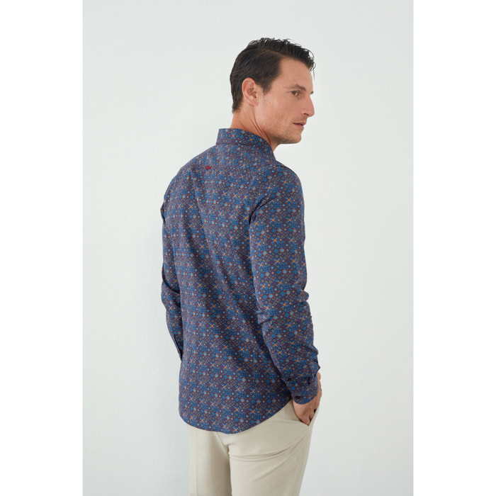 Camicia Uomo 1 Bottoni Button Down Slim Popeline Stampato Blu e Rosso