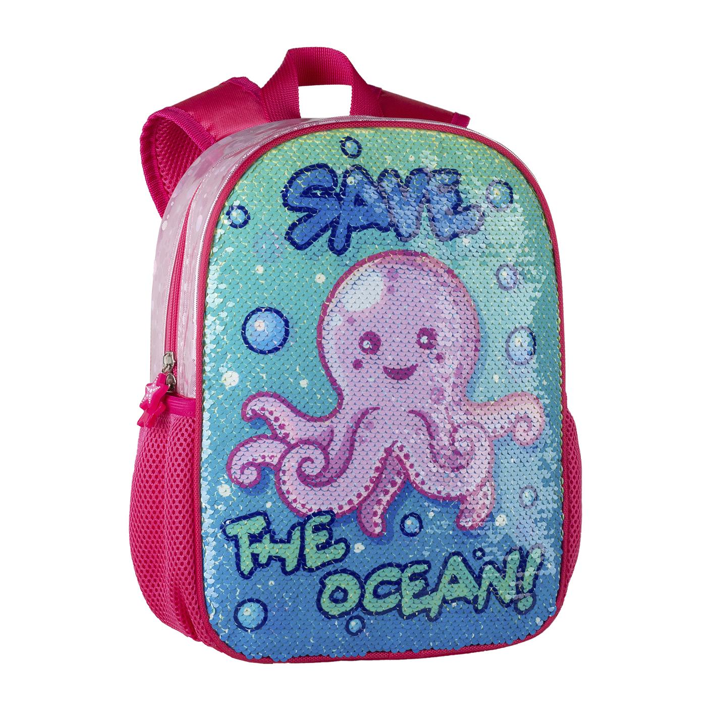 Mochila Infantil y Pre Escolar Guardería, Pulpito Save The Ocean con lentejuelas reversibles.