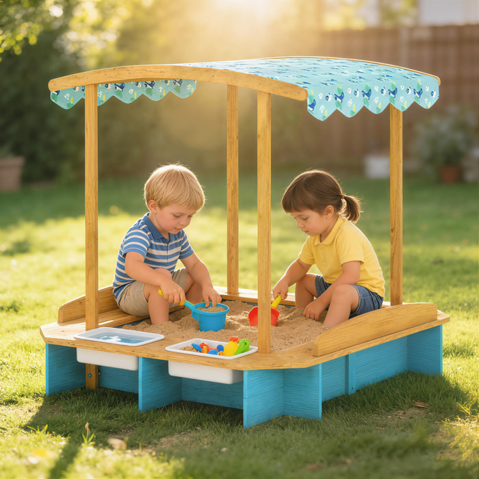 Arenero para Niños de Madera con Techo, Arenero Infantil con 3 Bancos, 2 Cajas de PP, Forro, Caja de Arena para Niños de 3-6 Años, para Patio, Jardín, Balcón, 128x118x121 cm, Azul