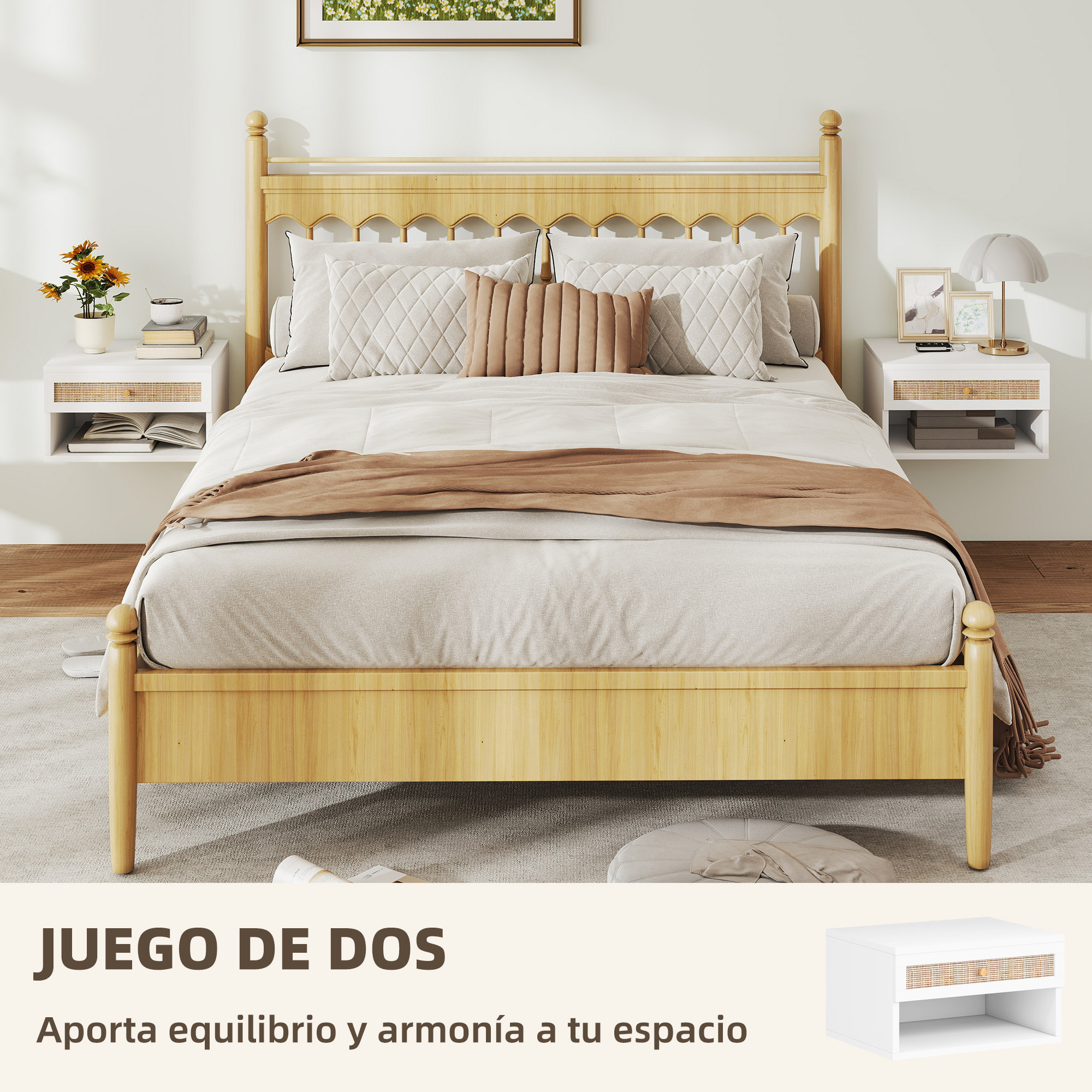 Juego de 2 Mesitas de Noche Flotantes de Pared con Cajón de Ratán y Estante Abierto, Mesillas de Noche Dormitorio de Estilo Nórdico, para Sala de Estar, 40x34x23 cm, Blanco
