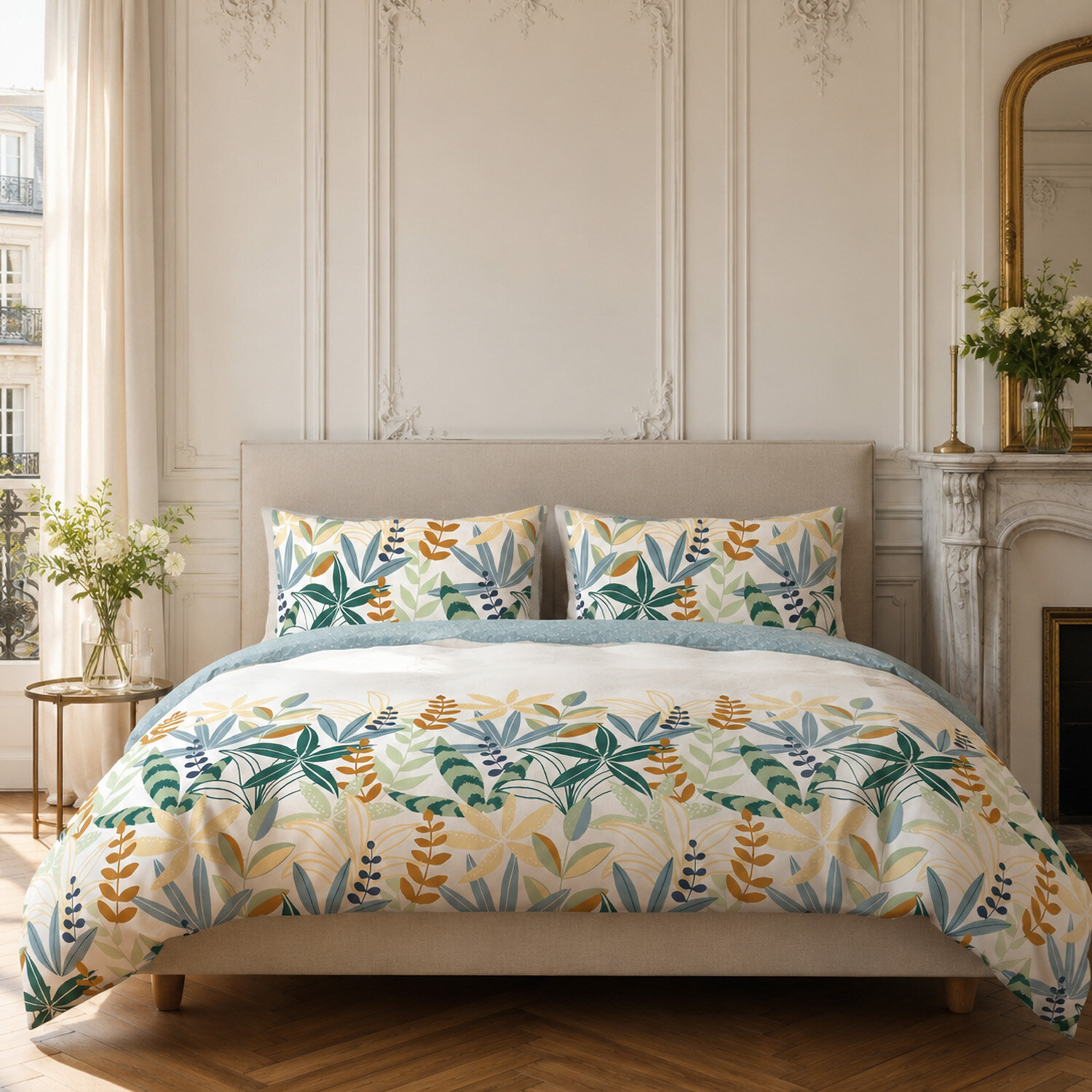 Parure housse de couette 100% coton motif feuillage - Goyave