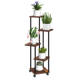 Estantería para Plantas de 5 Niveles Soporte para Plantas de Madera y Acero con 5 Estantes Cuadradas y 4 Ruedas Soporte para Macetas para Interior y Exterior 59x59x110 cm Carbonizado
