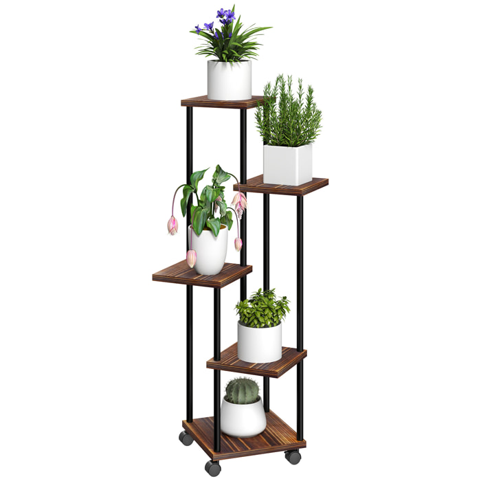 Estantería para Plantas de 5 Niveles Soporte para Plantas de Madera y Acero con 5 Estantes Cuadradas y 4 Ruedas Soporte para Macetas para Interior y Exterior 59x59x110 cm Carbonizado