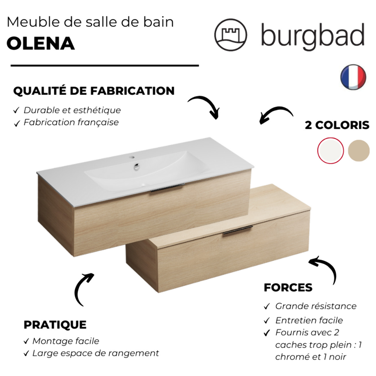 Meuble vasque de salle de bain 120 cm BURGBAD Olena en décalé chêne clair