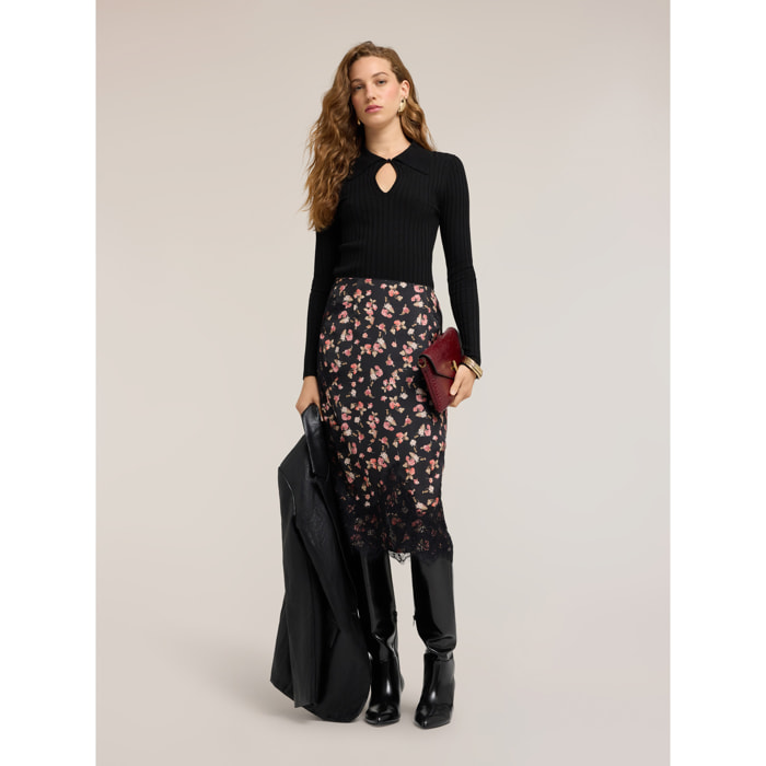 Motivi - Falda tubo de georgette con estampado floral y encaje - Negro