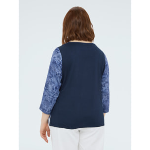 Fiorella Rubino - Blusa bimaterial con estampado lettering - Azul