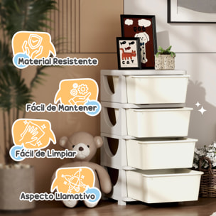 Torre de Almacenamiento Infantil con 4 Cajones, Organizador de Juguetes para Niños de +3 Años, con Bordes Redondeados y Asas, para Guardería, Sala de Juegos, Dormitorio, 37x37x76 cm, Crema